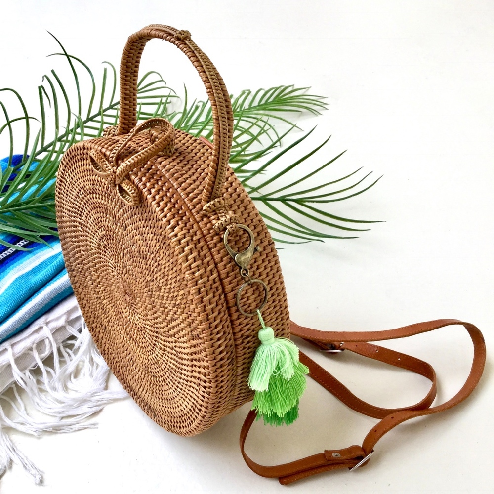 Round Rattan Convertible Backpack w/Tassel Charm